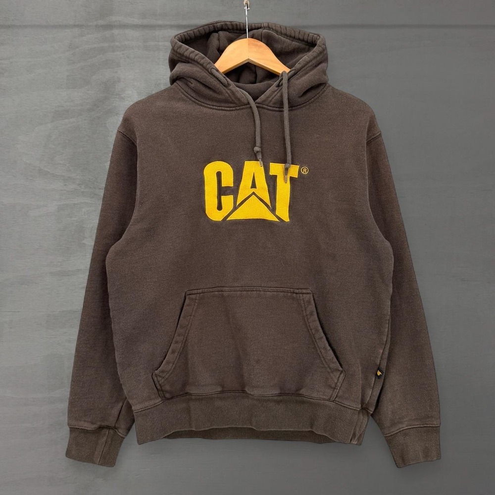 CAT Caterpillar Hoodie Brown Yellow Logo Embroidered Workwear Sweatshirt Large
